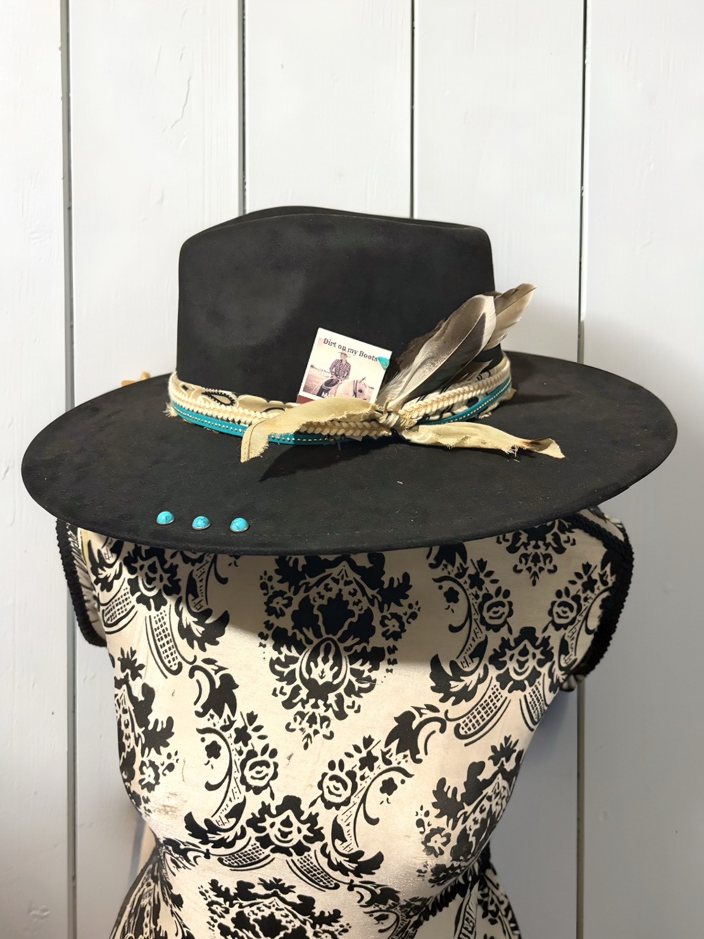 Black Wide-Brim Felt Hat with Turquoise Accents and Feather